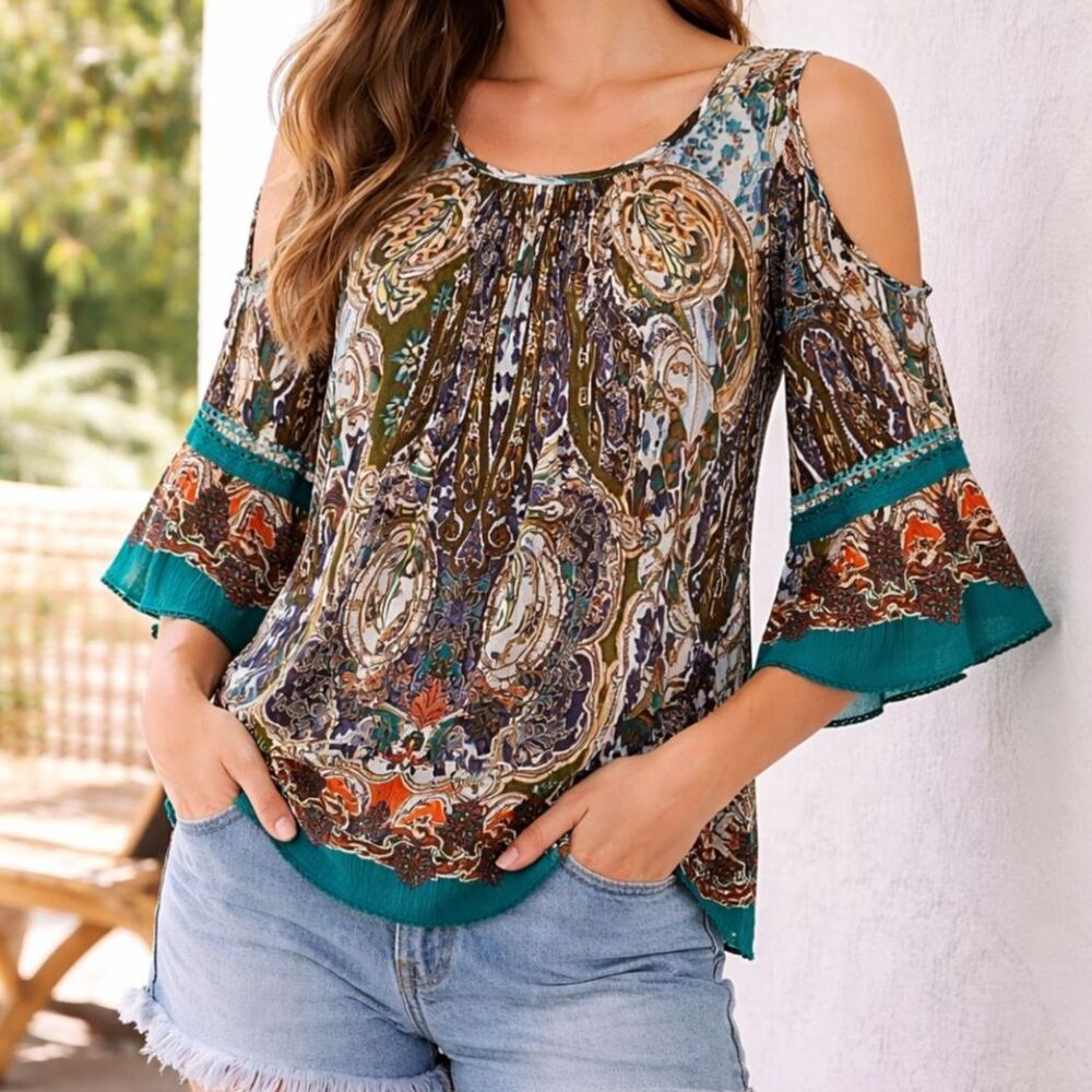 Bila Boho Paisley Blouse Cold Shoulder Bell Sleeve Festival Top S